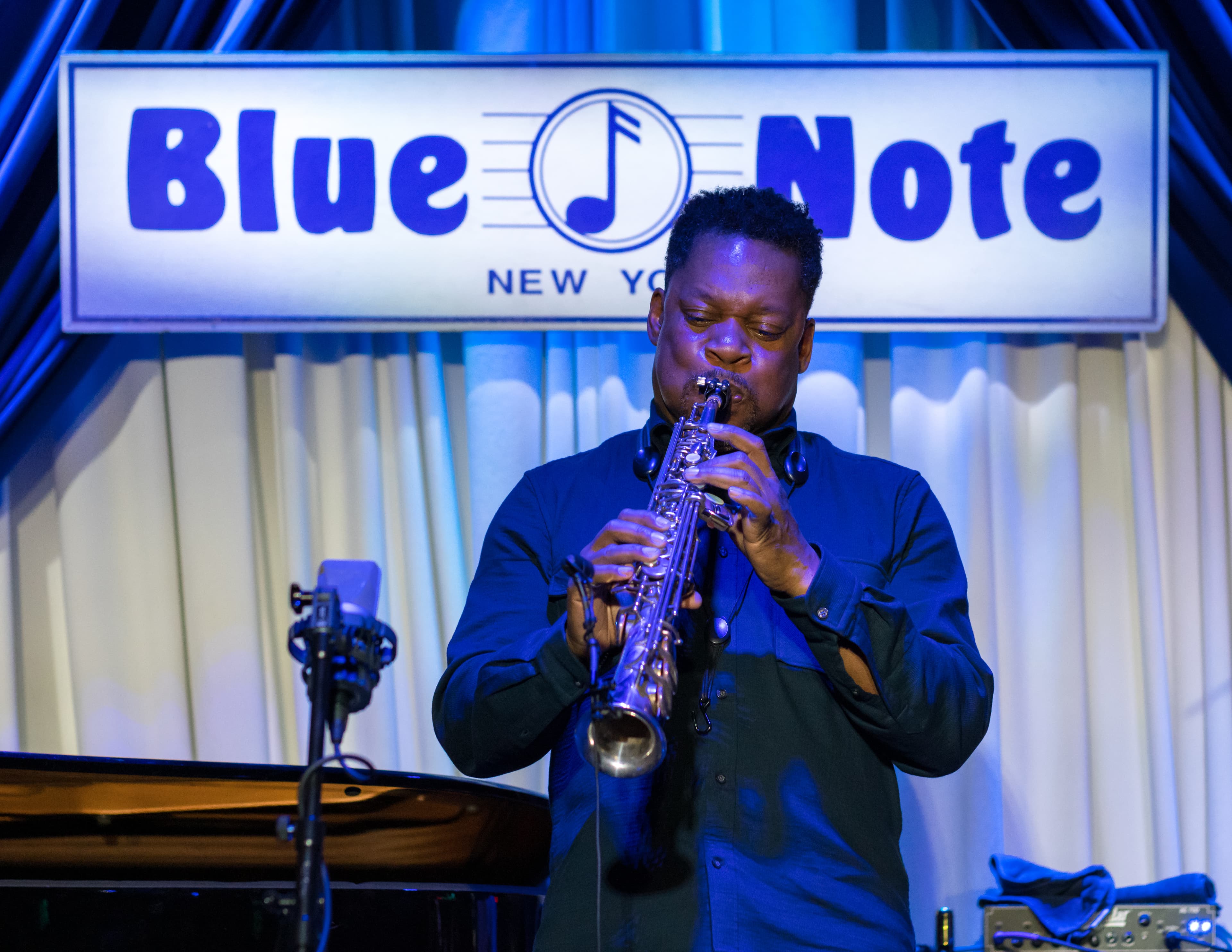 American saxophonist Ravi Coltrane playing his soprano saxophone during his opening show at the Blue Note Jazz Club in New York City on March 7, 2023. This image is dedicated to my friend Tom Porter who introduced me to Jazz.